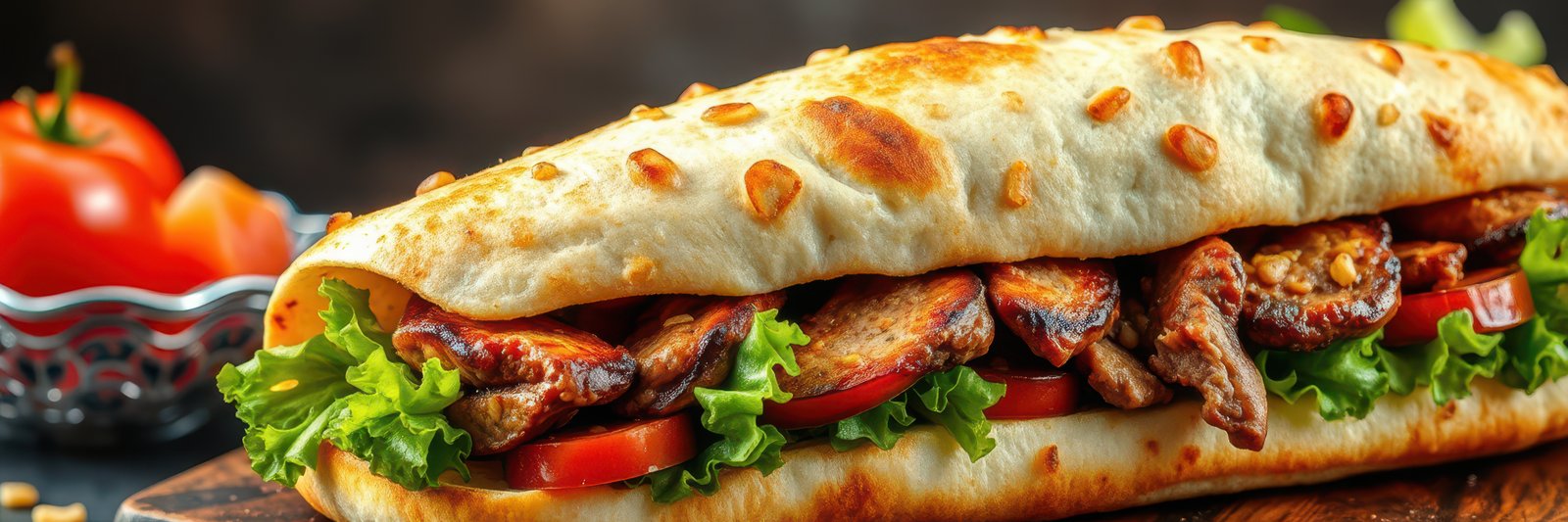 Delicious sandwich filled with grilled chicken, fresh vegetables, and creamy sauce served on a rustic wooden table